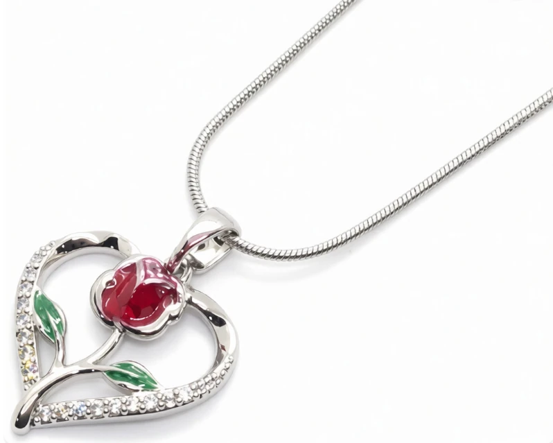 Cadena de acero quirurgico con dije corazon con rosa y micro pave cristal 40cm + 5cm